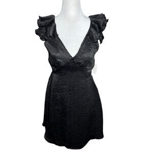 Altar’d State Crinkle Satin Black Flutter Sleeve Open Tie Back Babydoll Dress XS
